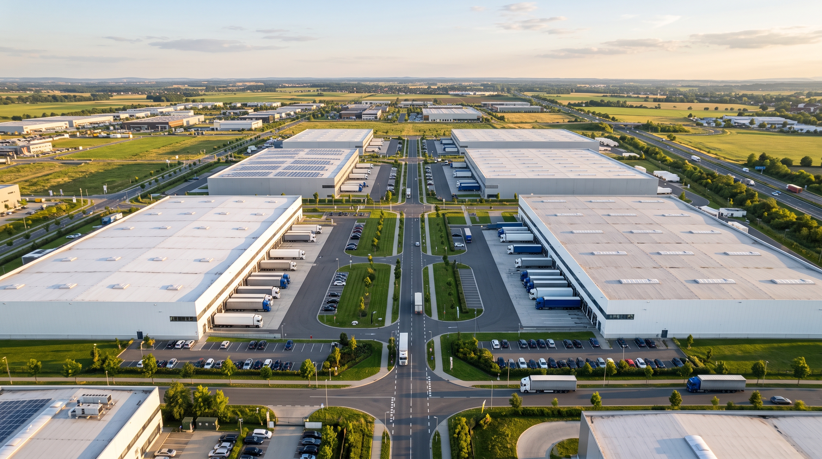Vue aérienne d'un parc logistique — immobilier d'entreprise
